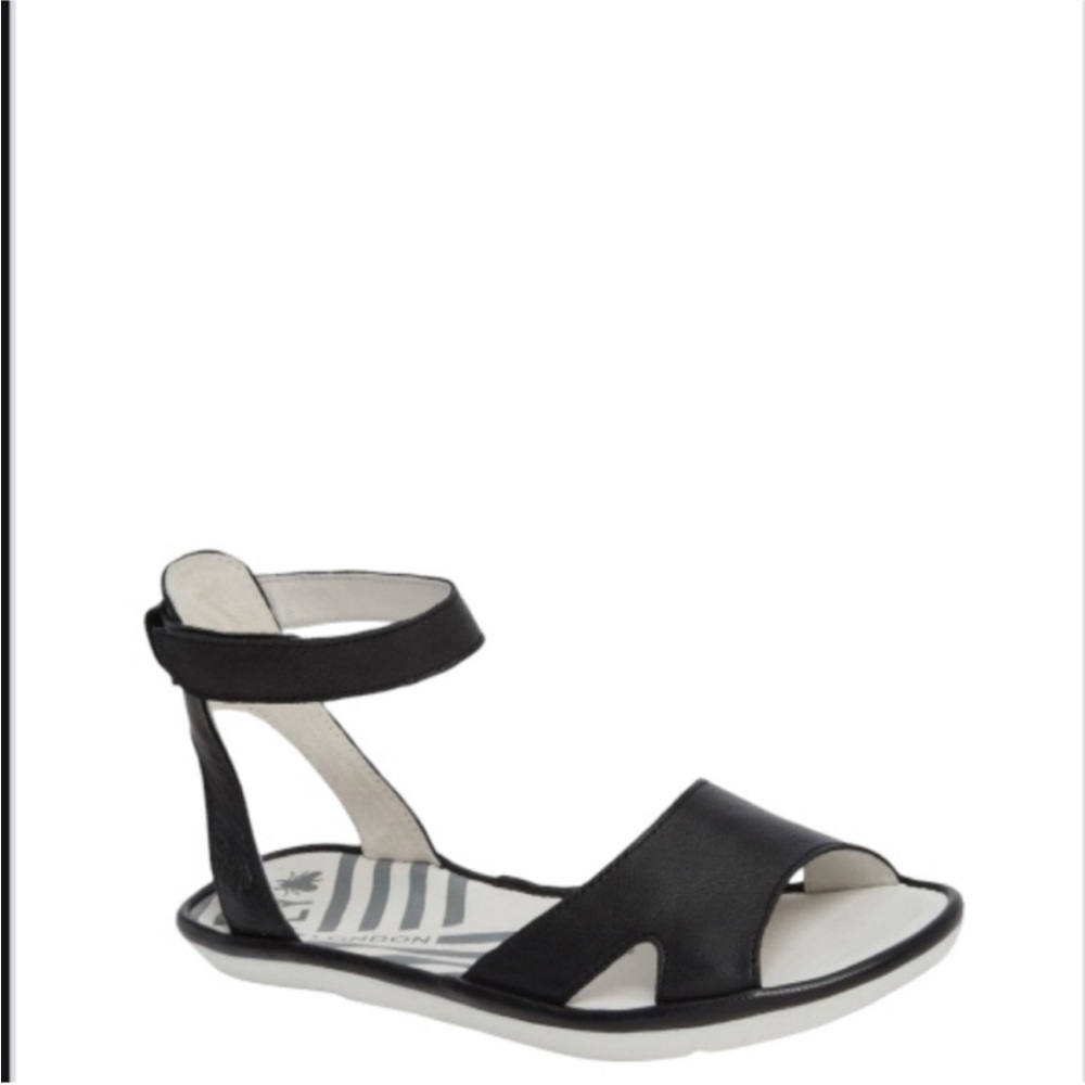 Fly London Mafi Black Leather Flat Sandals with Ankle Strap Women's Size 10